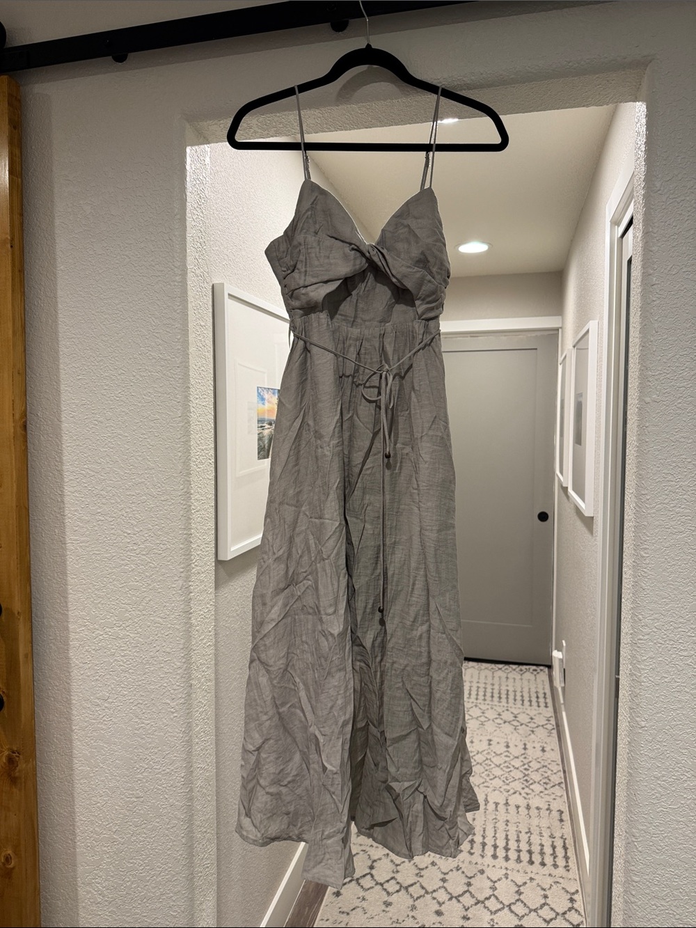 Spaghetti Strap Maxi Dress in soft olive green / pewter grey